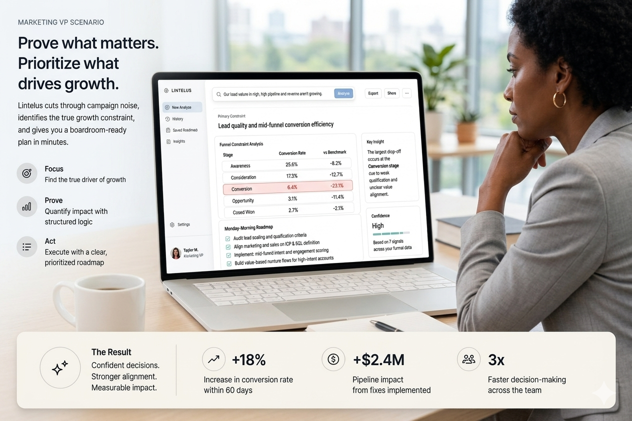 Marketing VP reviewing a Lintelus funnel constraint analysis on a laptop